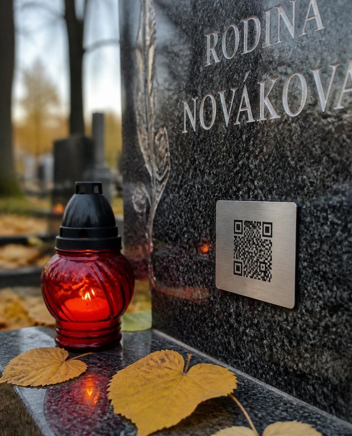 Nerezový štítok s QR kódom na žulovom pomníku, vedľa horí kahanec